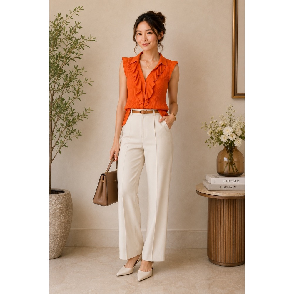 Sunny Leigh Orange Pleated Ruffle Sleeveless Blouse V-Neck‎ Button Down Top M